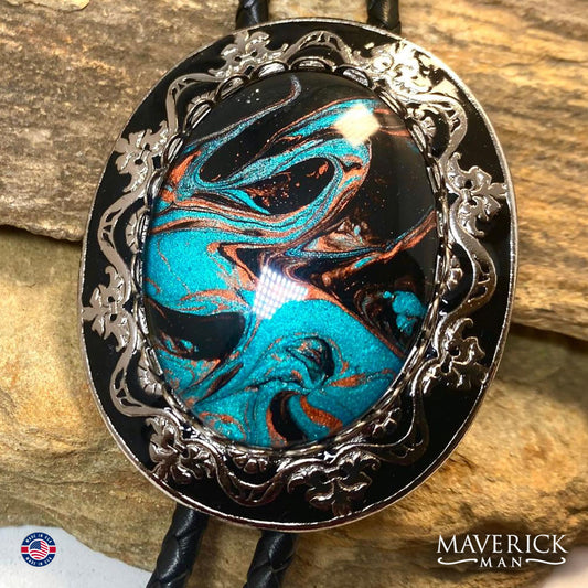 Silver and black filigree bolo tie and buckle set with hand painted stones