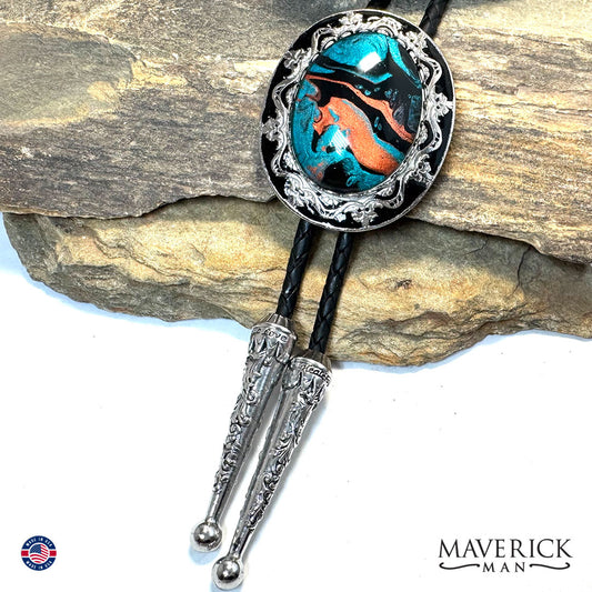 Silver and black filigree bolo tie and buckle set with hand painted stones