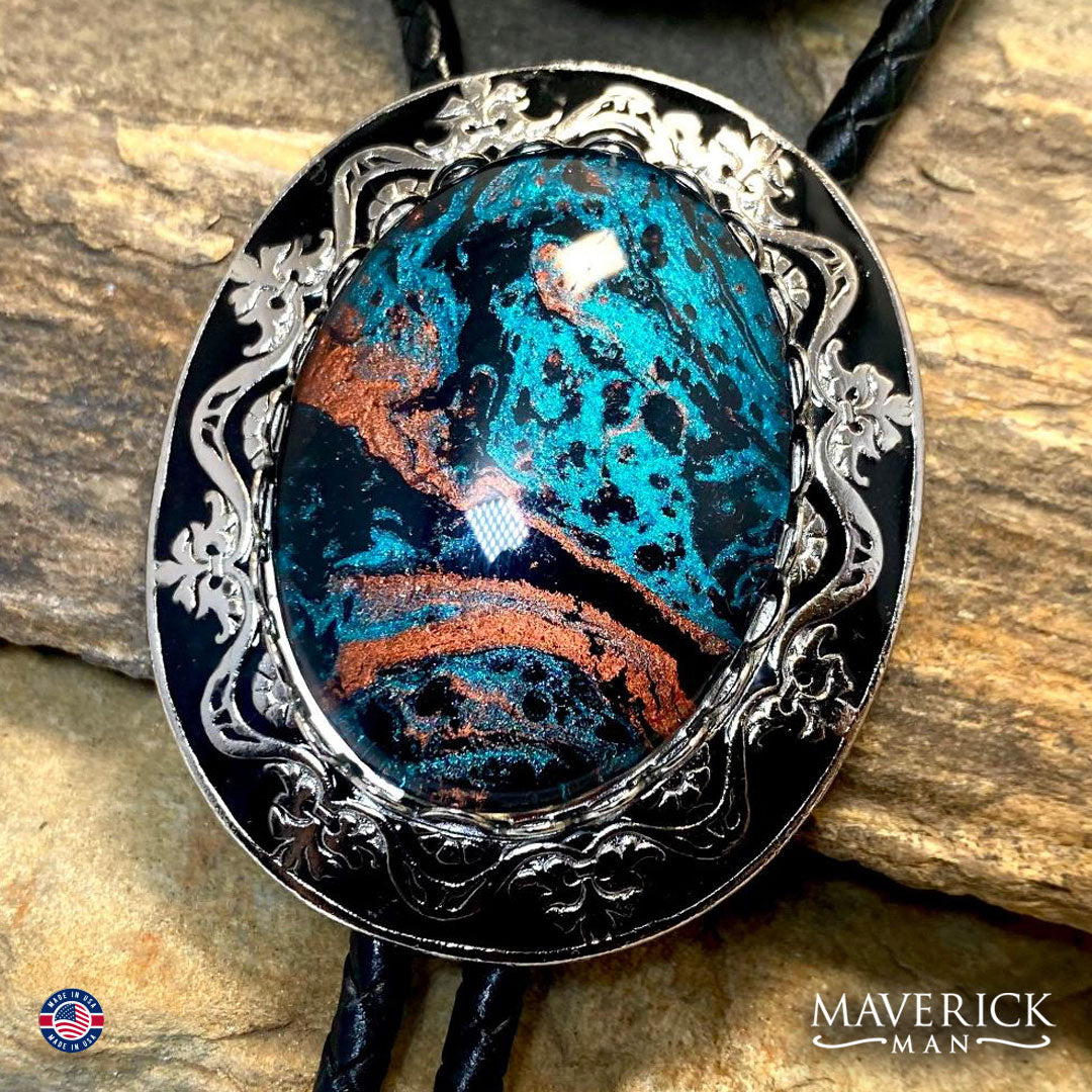 Turquoise and copper hand painted stone in filigree bolo tie
