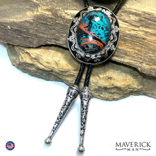 Turquoise and copper hand painted stone in filigree bolo tie