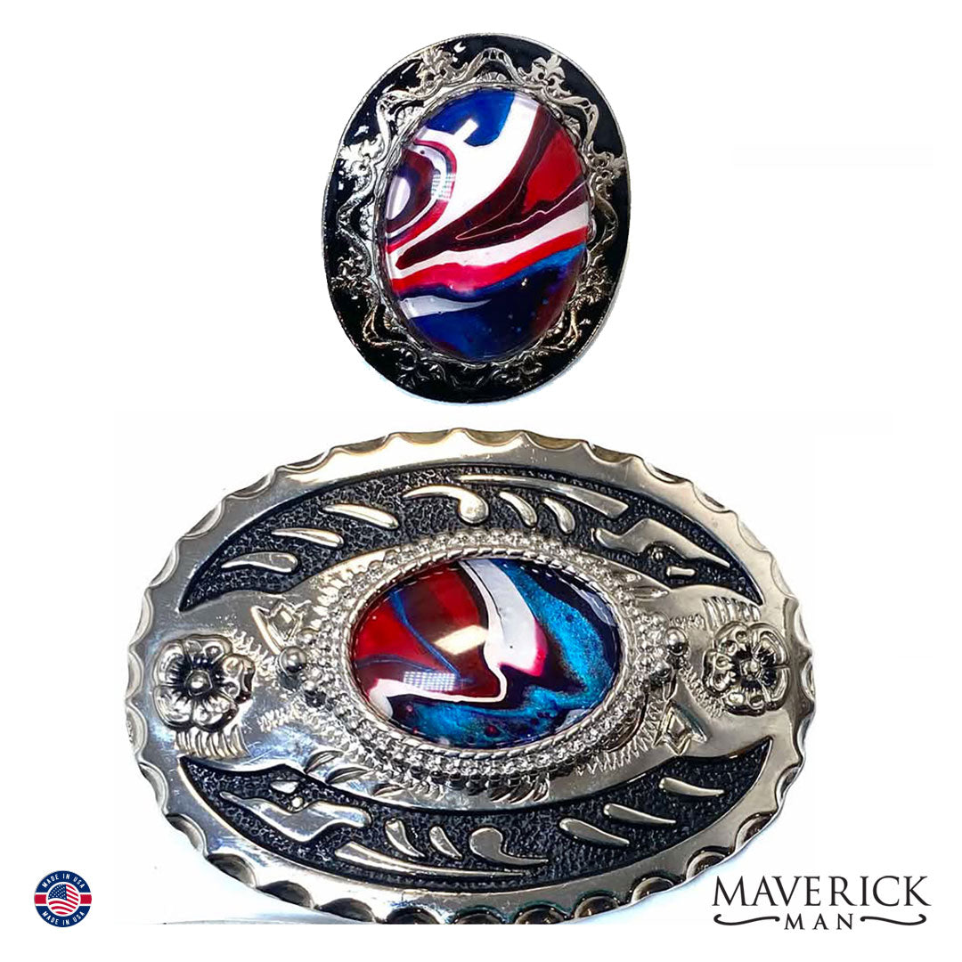 Red white and blue bolo tie and buckle