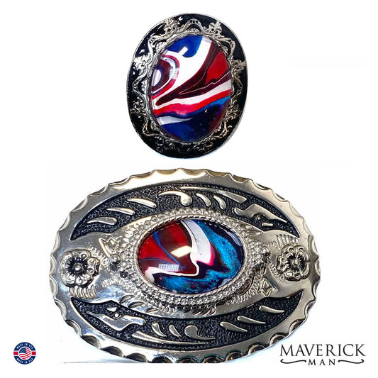Red white and blue bolo tie and buckle