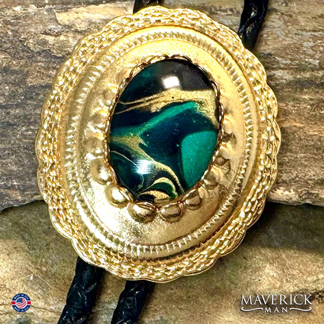 Gold concho with hand painted stone in metallic green, gold and black