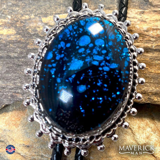 Black and blue bolo tie in silver