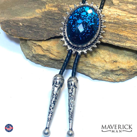 Black and blue bolo tie in silver