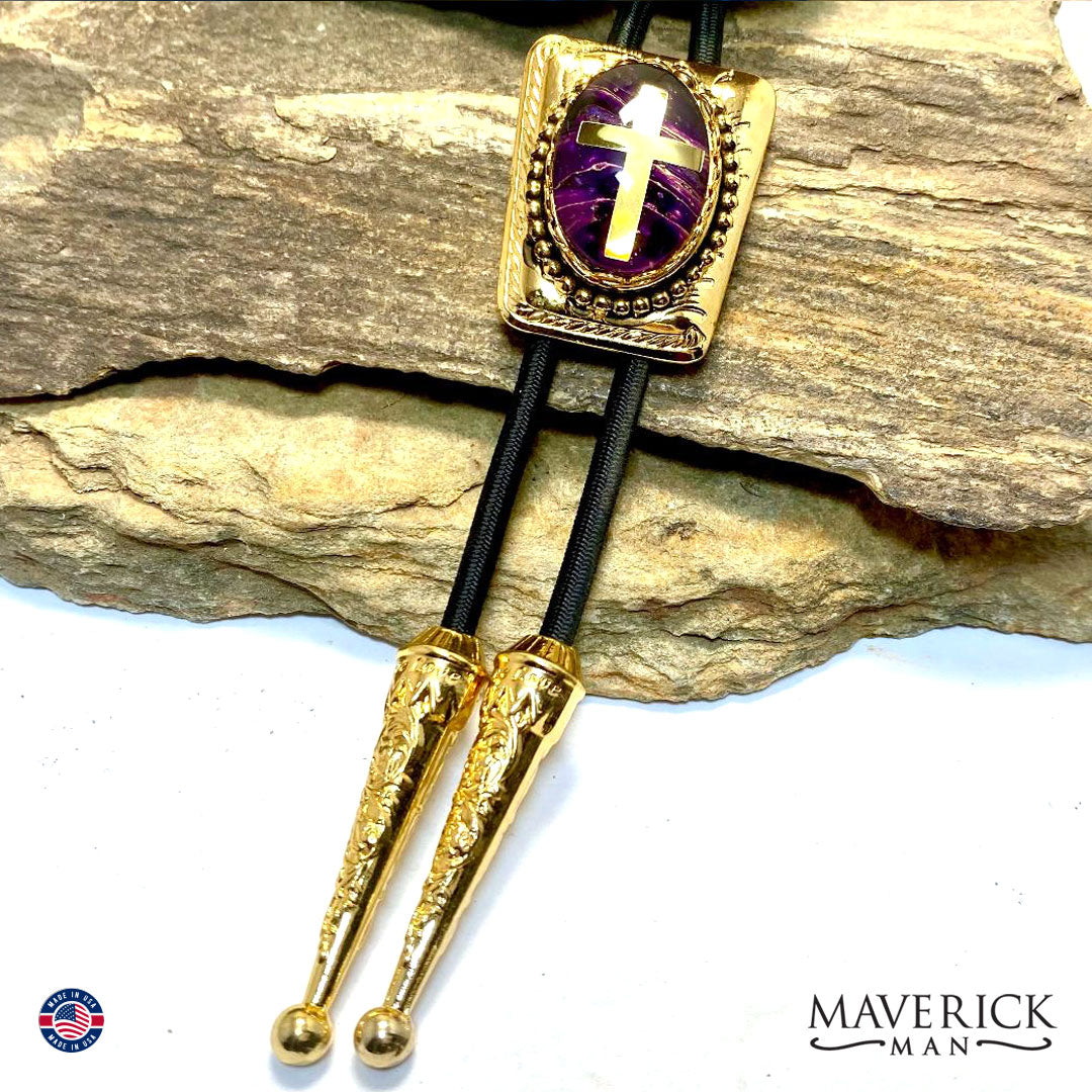 Purple and gold Christian bolo tie in smaller gold bolo tie