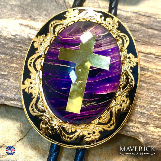 Purple and gold Christian bolo tie in smaller gold bolo tie (Copy)