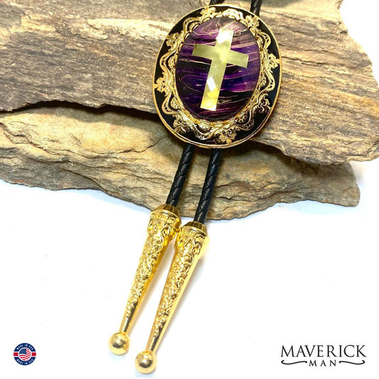 Purple and gold Christian bolo tie in smaller gold bolo tie (Copy)