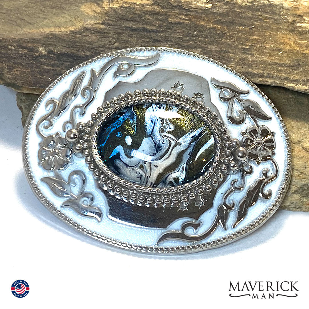 Unusual bolo tie and buckle set with hand painted stones