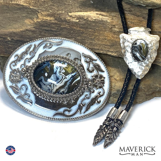 Unusual bolo tie and buckle set with hand painted stones