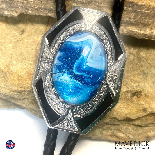 Dressy geometric bolo tie in with blue hand painted stone