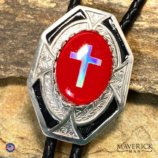 Cross bolo tie with red hand painted stone