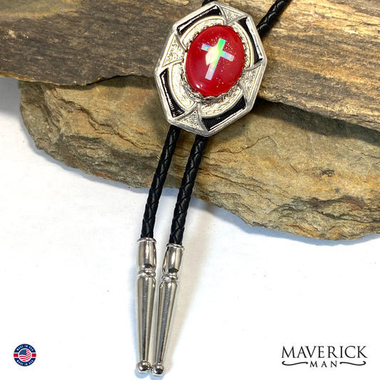 Cross bolo tie with red hand painted stone