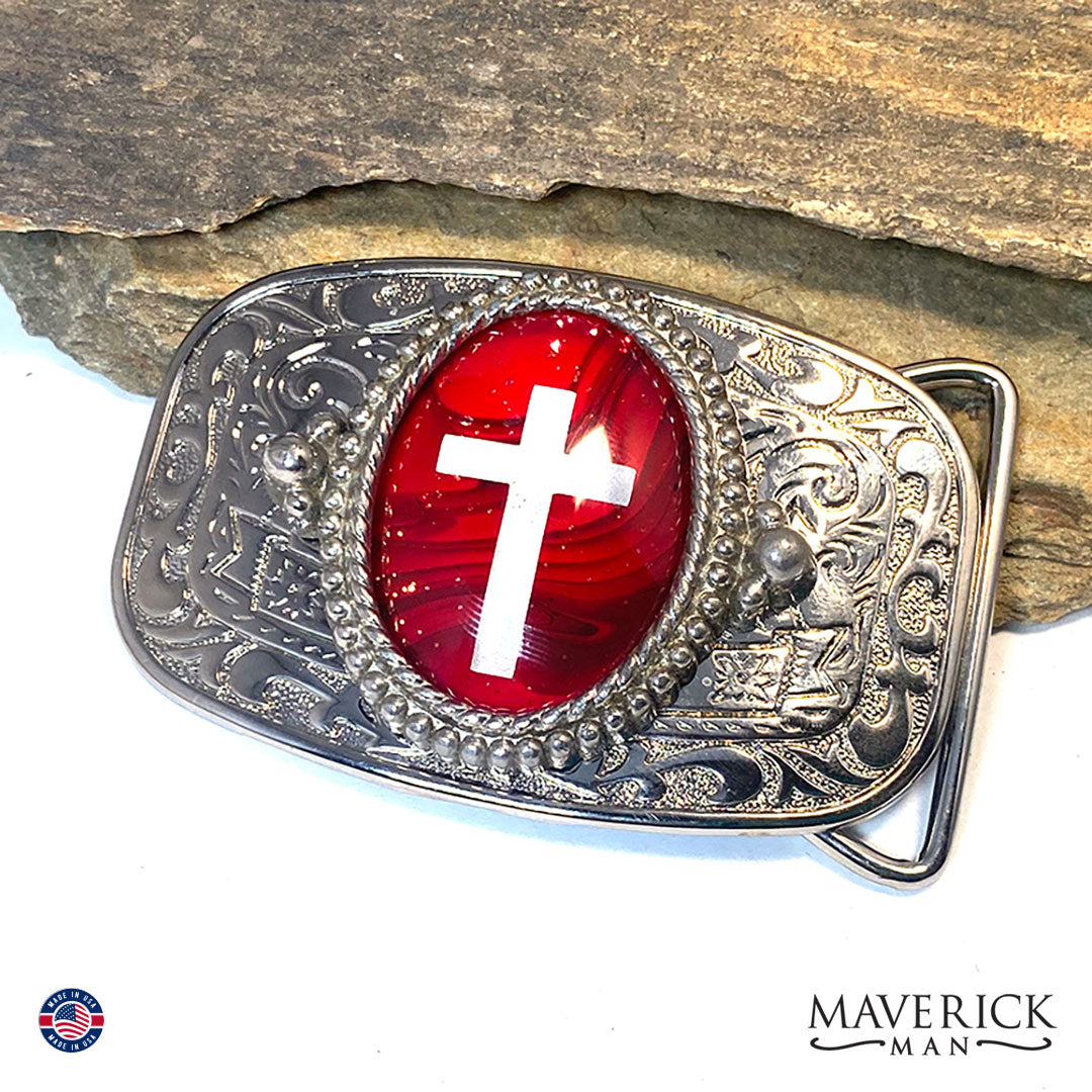 Cross bolo tie and buckle set with red hand painted stones - can buy separately