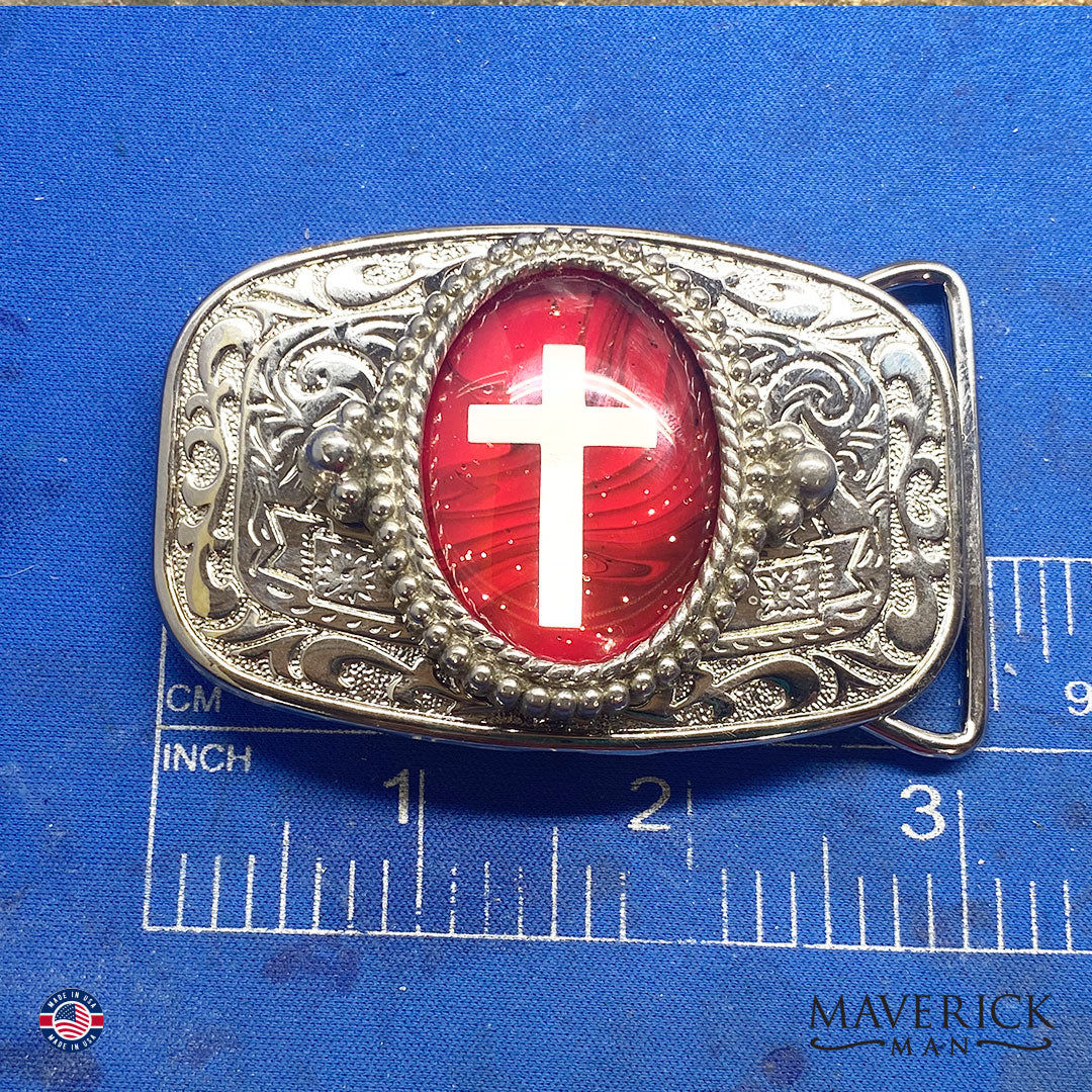 Cross bolo tie and buckle set with red hand painted stones - can buy separately