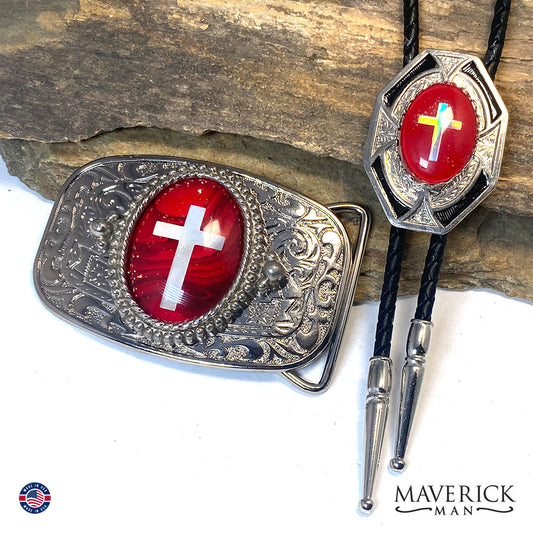 Cross bolo tie and buckle set with red hand painted stones - can buy separately