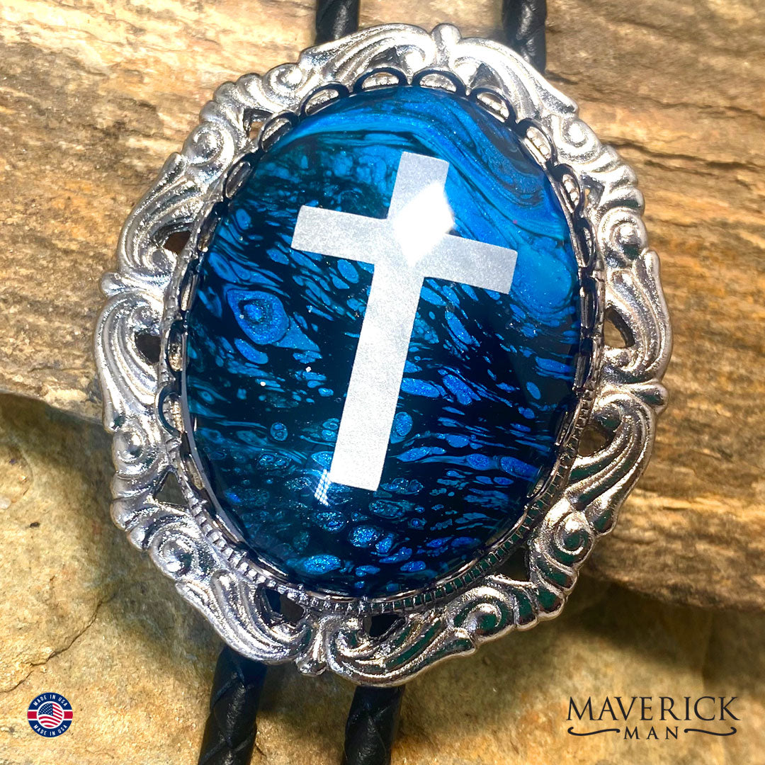 Large Christian bolo tie with from our Blues collection