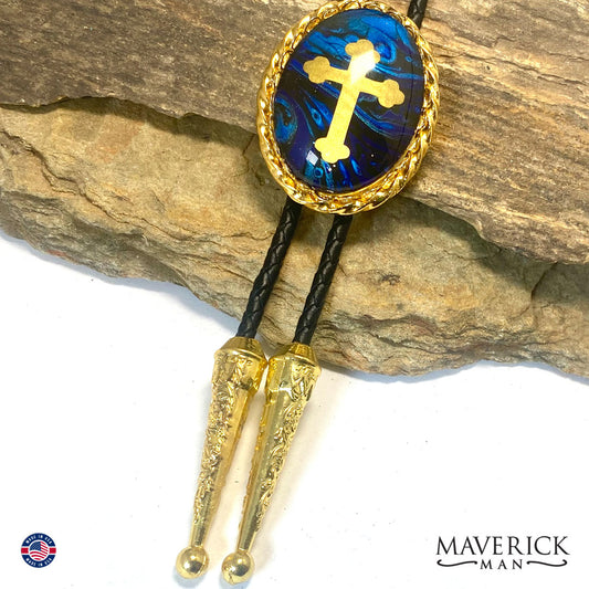 Large Christian bolo tie with gold foil cross