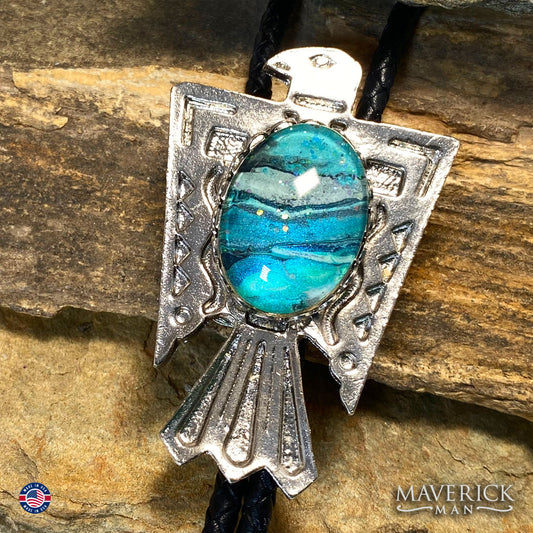 Large Thunderbird bolo tie with hand painted stone