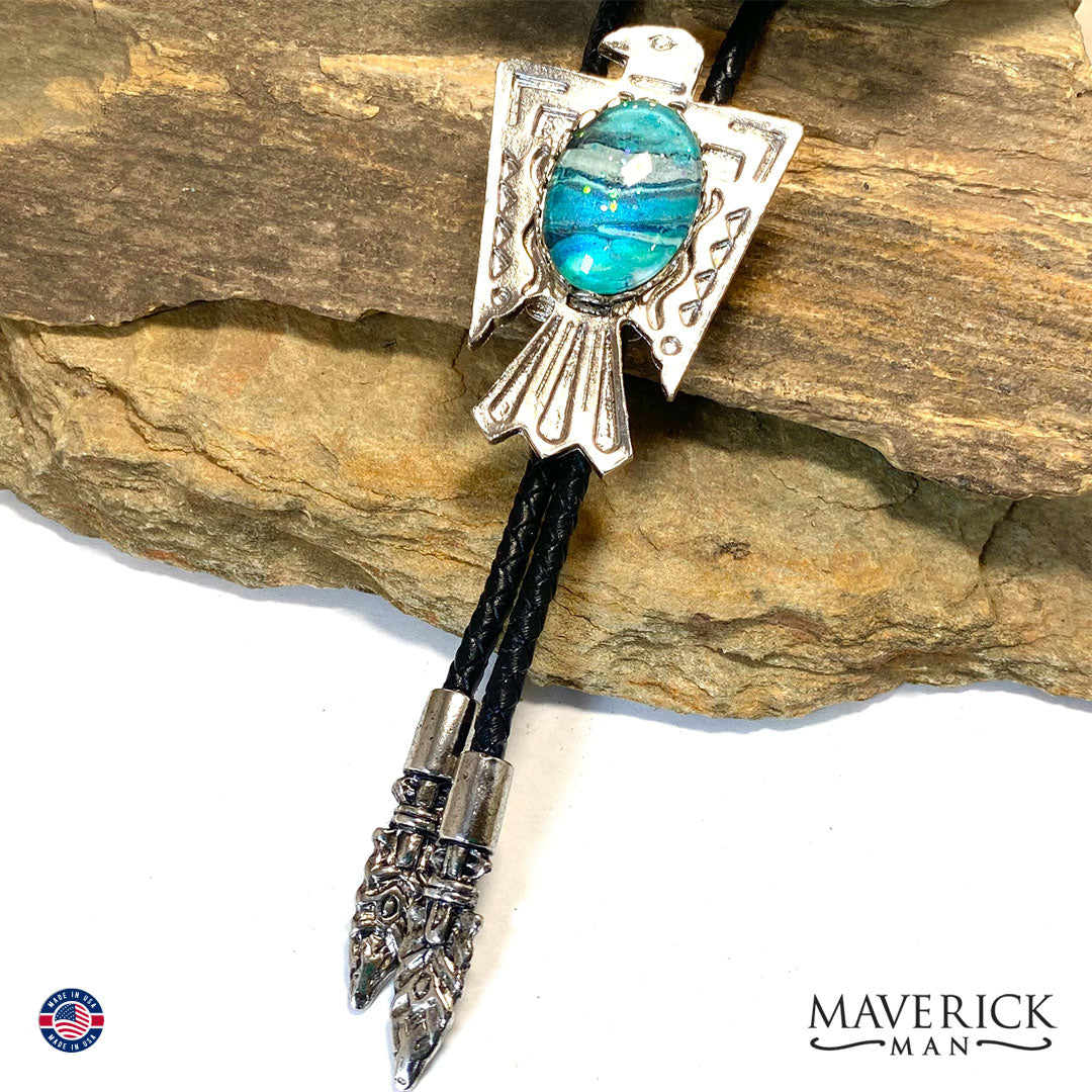 Large Thunderbird bolo tie with hand painted stone