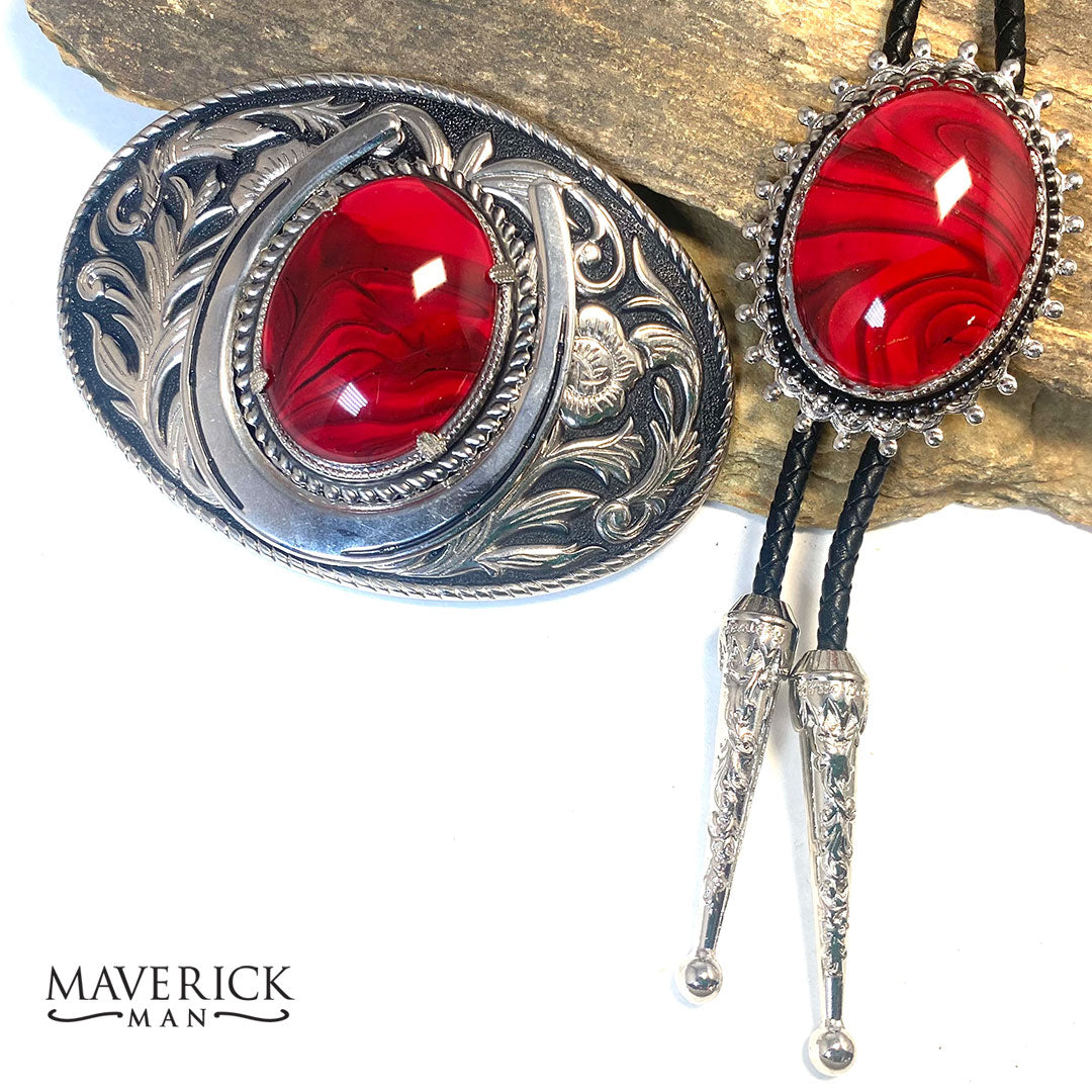 Handsome red and black bolo tie and buckle set