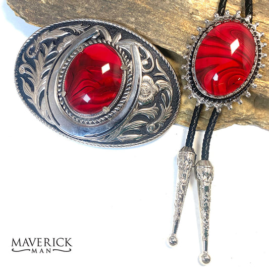Handsome red and black bolo tie and buckle set