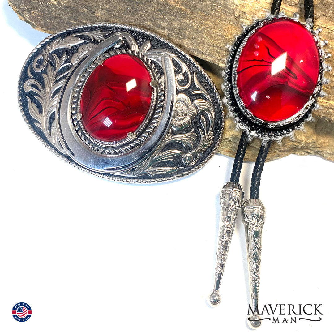 Handsome large red and black belt buckle with our special hand painted stone - SET AVAILABLE