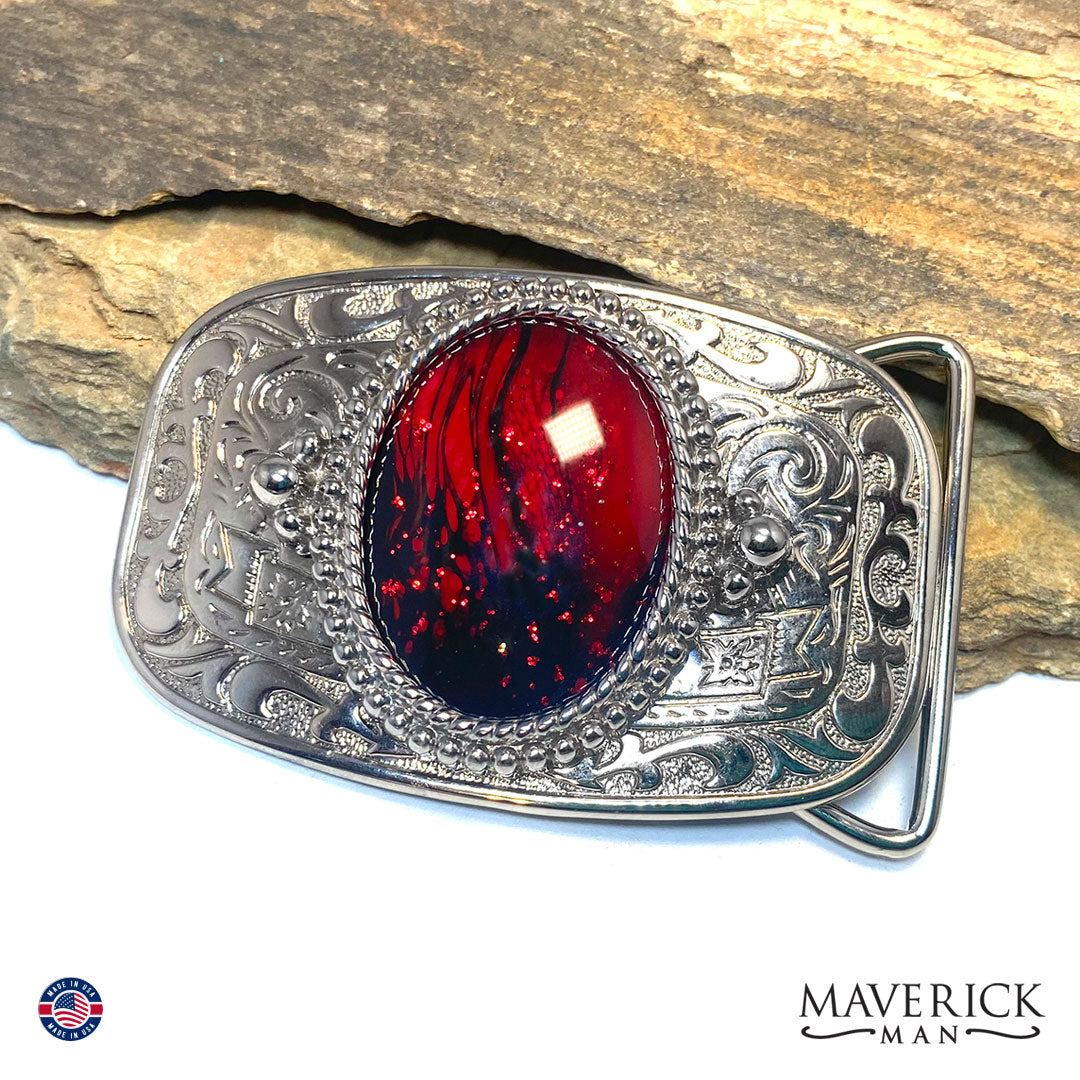 Red and black bolo tie and buckle set