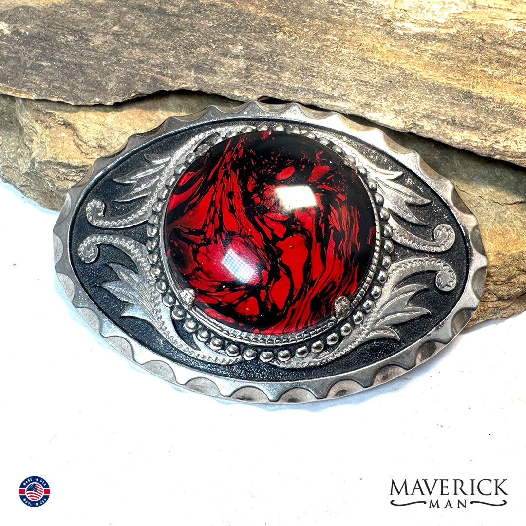 Red and black bolo tie and buckle set