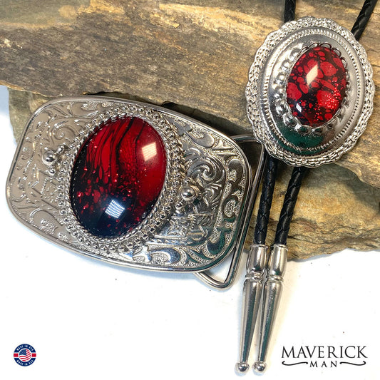 Red and black bolo tie and buckle set