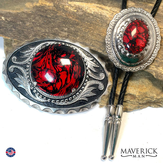 Red and black bolo tie and buckle set