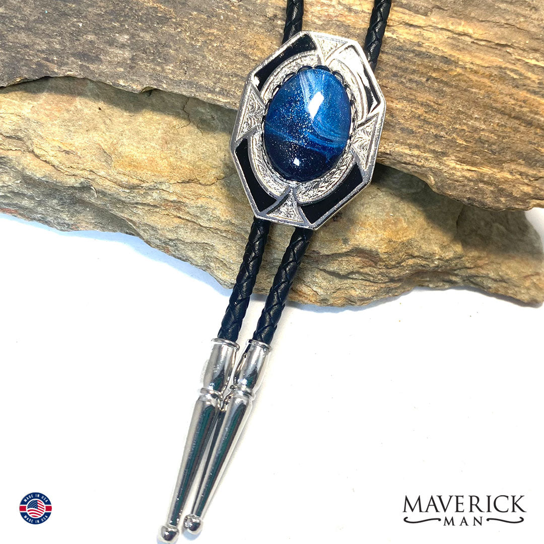 Striking belt buckle and bolo tie set with our BLUES hand painted stones