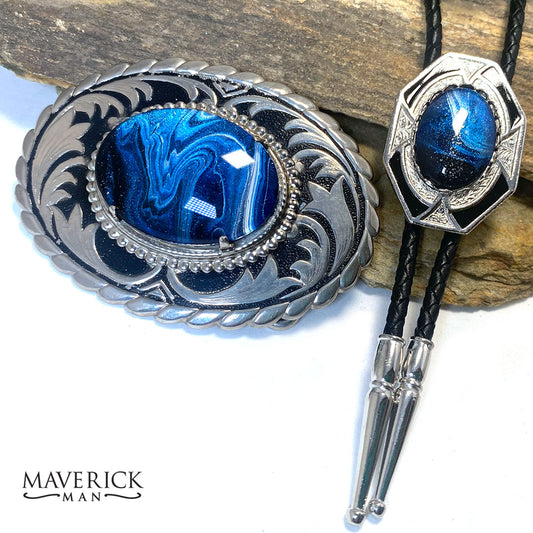 Striking belt buckle and bolo tie set with our BLUES hand painted stones