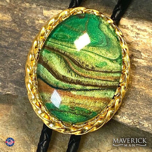 Golden bolo tie with hand painted green and brown stone