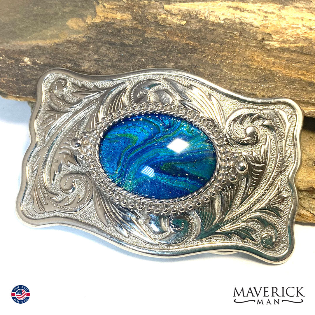 Blue and green bolo tie and buckle set
