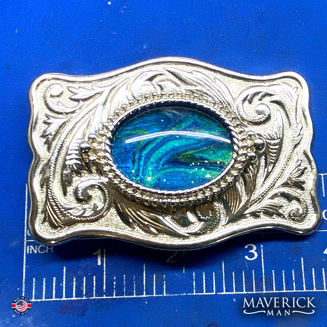 Blue and green bolo tie and buckle set