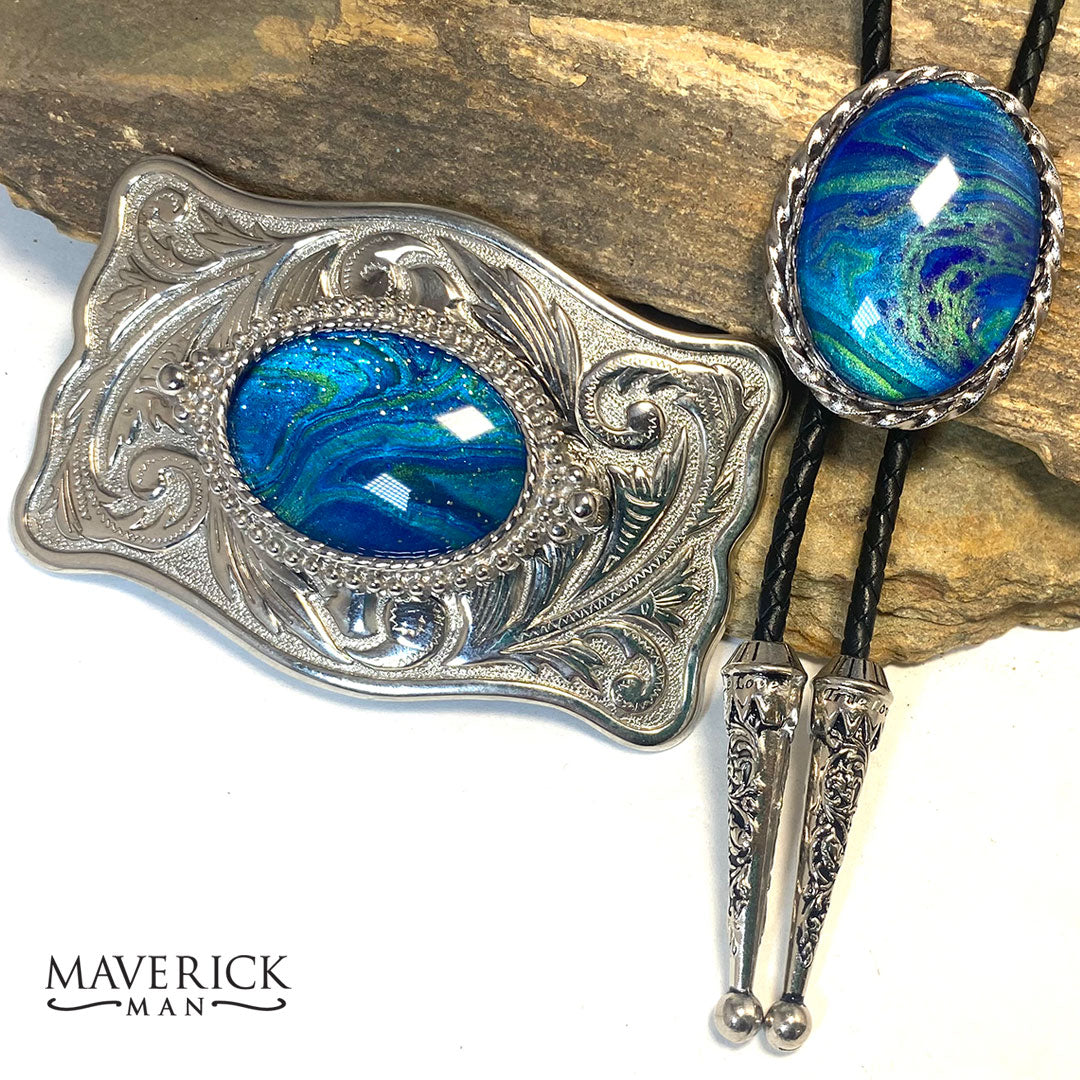Blue and green bolo tie and buckle set