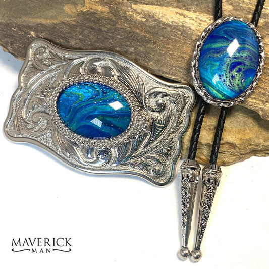 Blue and green bolo tie and buckle set