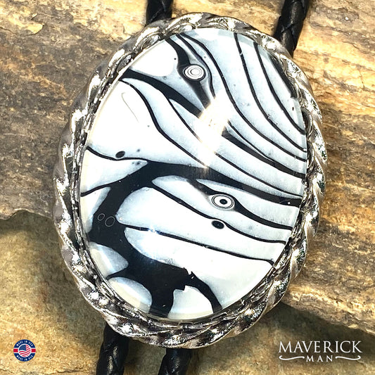 Silver twist bolo tie with hand painted black and white stone