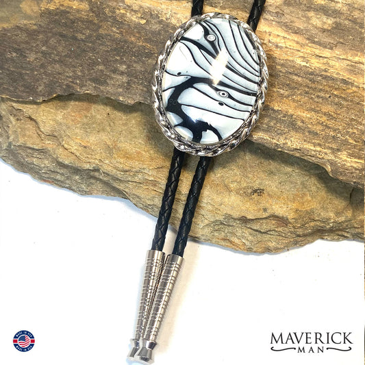 Silver twist bolo tie with hand painted black and white stone