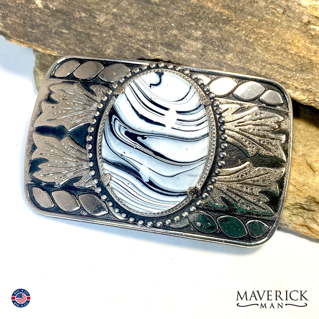 Classic black and white bolo tie and buckle set with a twist