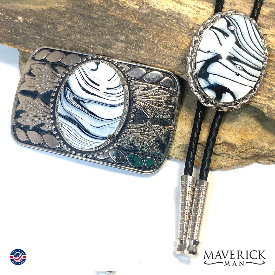 Classic black and white bolo tie and buckle set with a twist