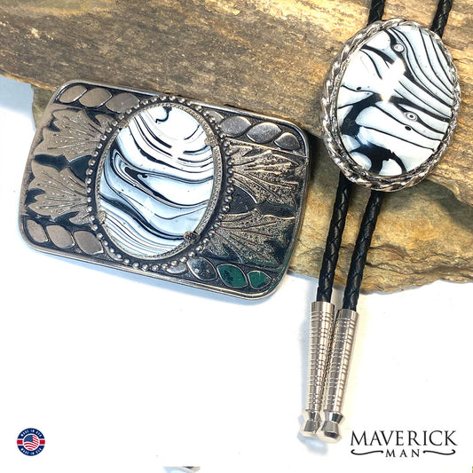 Classic black and white bolo tie and buckle set with a twist