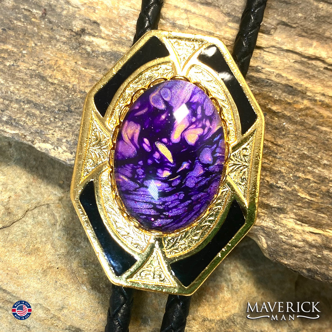 Purple and gold bolo tie and buckle set with hand painted stones