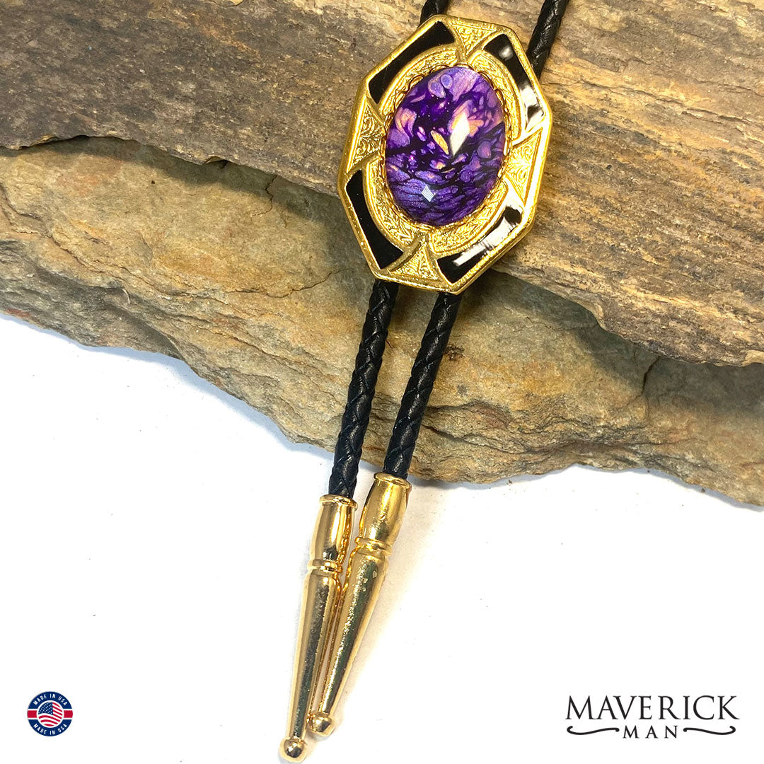 Purple and gold bolo tie and buckle set with hand painted stones