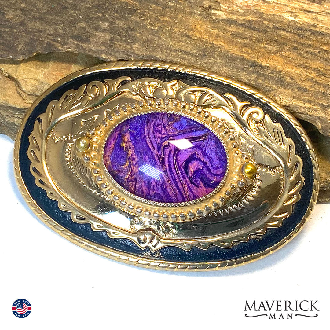 Purple and gold bolo tie and buckle set with hand painted stones