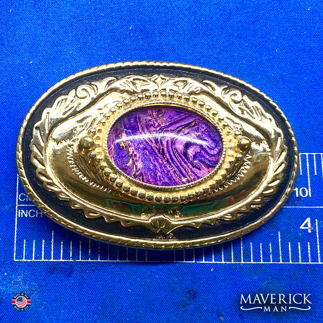 Purple and gold bolo tie and buckle set with hand painted stones