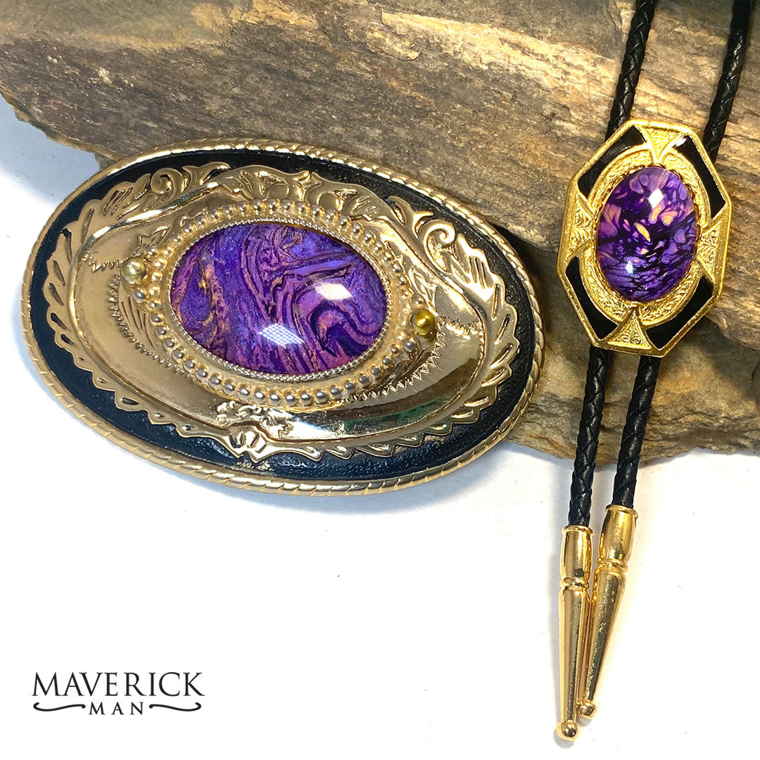 Purple and gold bolo tie and buckle set with hand painted stones