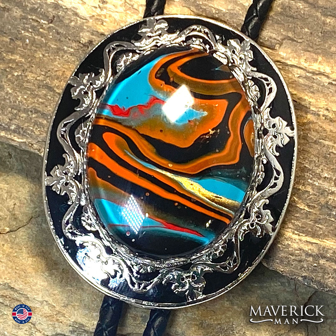 Fabulous bolo tie and buckle set with hand painted stones