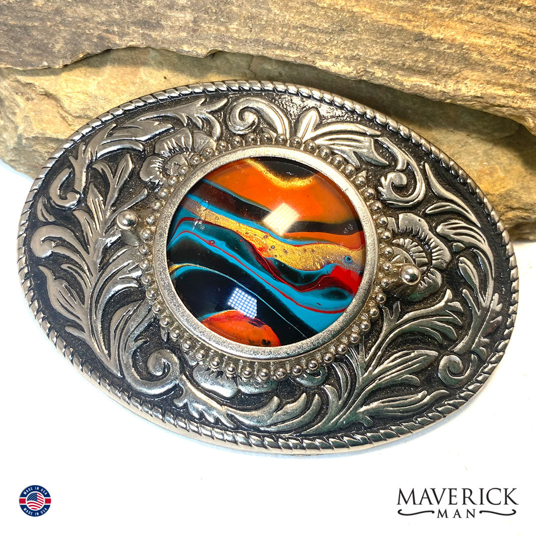Fabulous bolo tie and buckle set with hand painted stones
